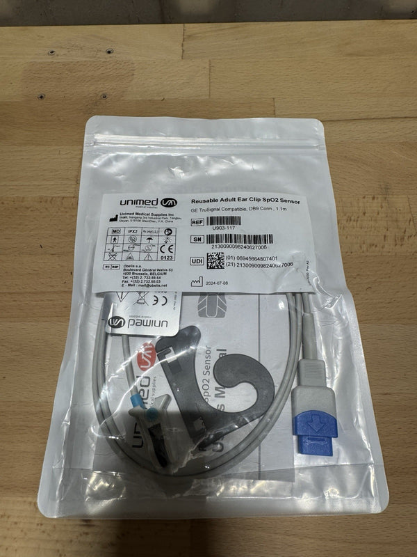 Unimed SpO2 Adult Ear Clip Sensor 1.1m, GE TruSignal Compatible, DB9 (U903-117)