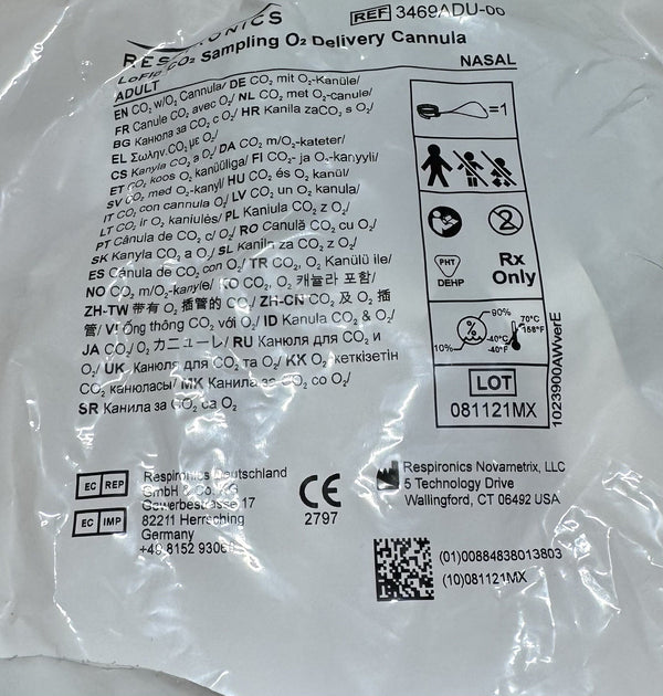 Respironics LoFlo CO2 Sampling O2 Delivery Nasal Cannula, Adult – Box of 8 (3469ADU-00)